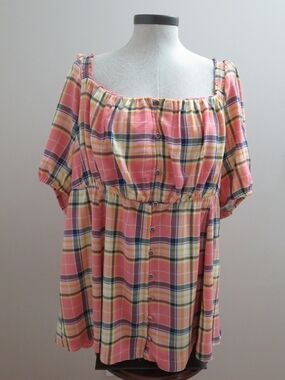 Torrid Pink Plaid Babydoll Top Puff Sleeve Button Front Size 2